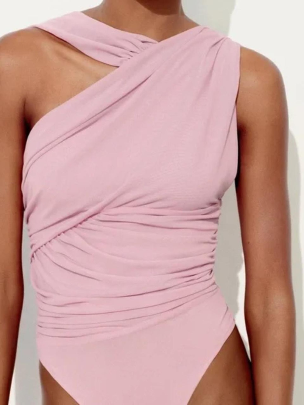 Zara| Feminine One-Shoulder Asymmetrical Ruched Mesh Ice Pink Bodysuit Sz L